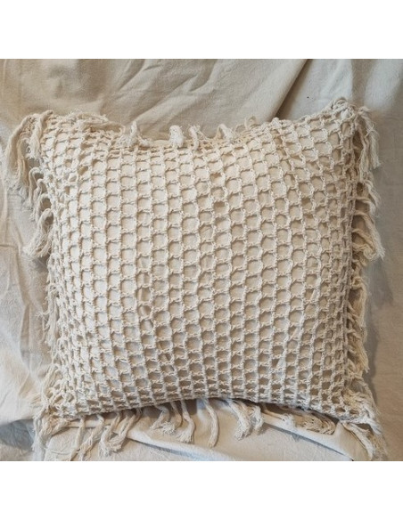 Almohadón Crochet Cuadros y Flecos - Almohadón Hilo Natural